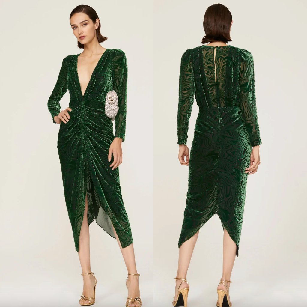 Ronny Kobo Astrid Midi Dress Green Velvet Long Sleeve Plunge Formal Gown Small S